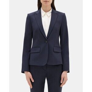 NWOT THEORY SEVONA NAVY STRETCH WOOL ONE BUTTON BLAZER SIZE 2 MSRP $395